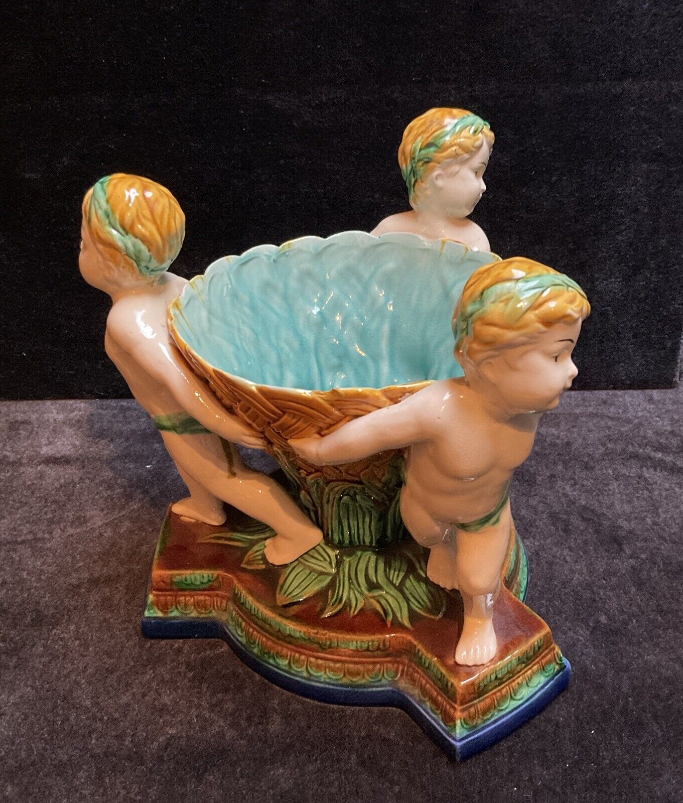 Vintage 3 Putti Cherubs Supporting Turquoise Bowl Good Condition Italy