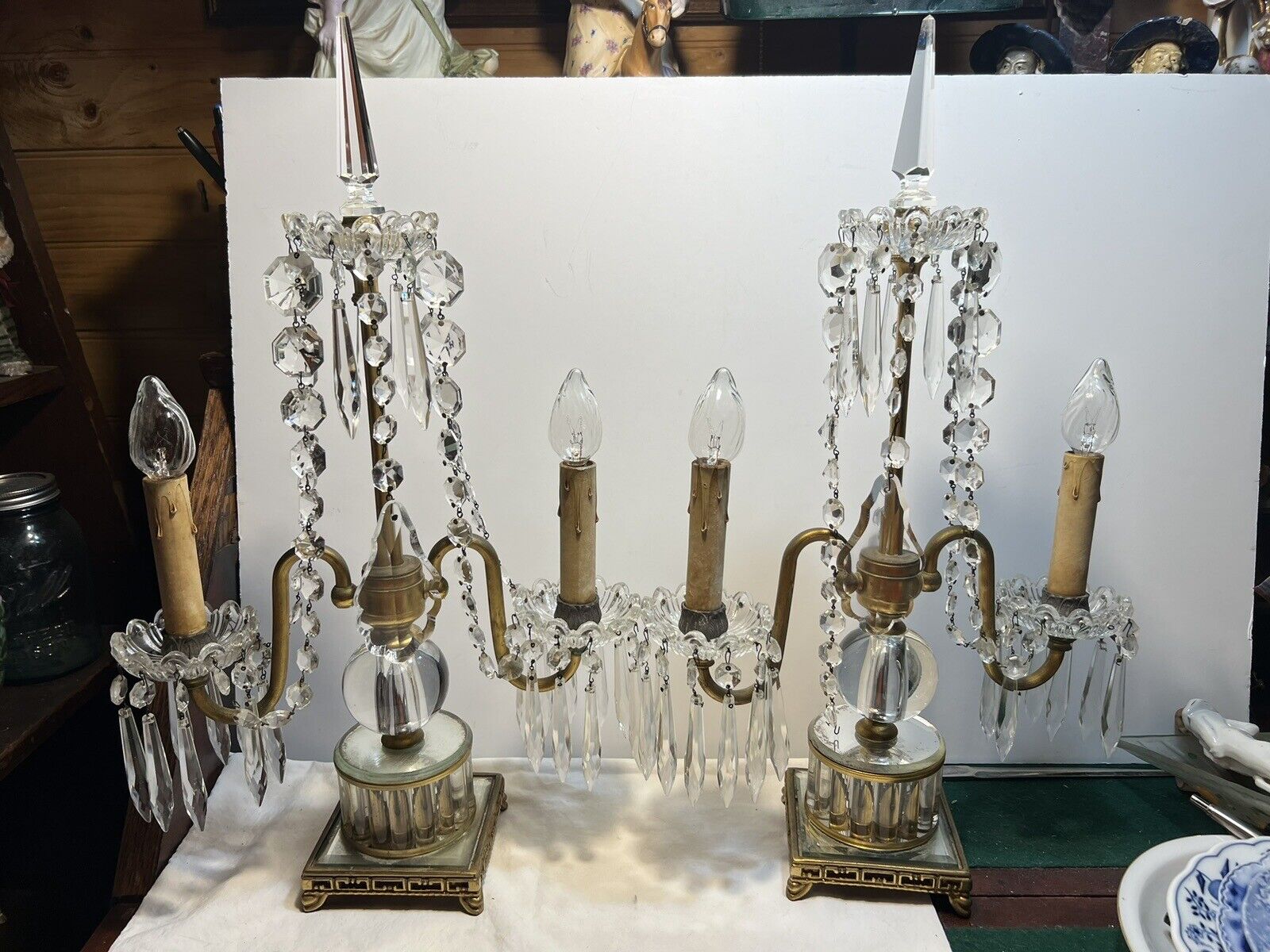Antique & Pair French Candle Holders Table Lamps Metal  & Crystal