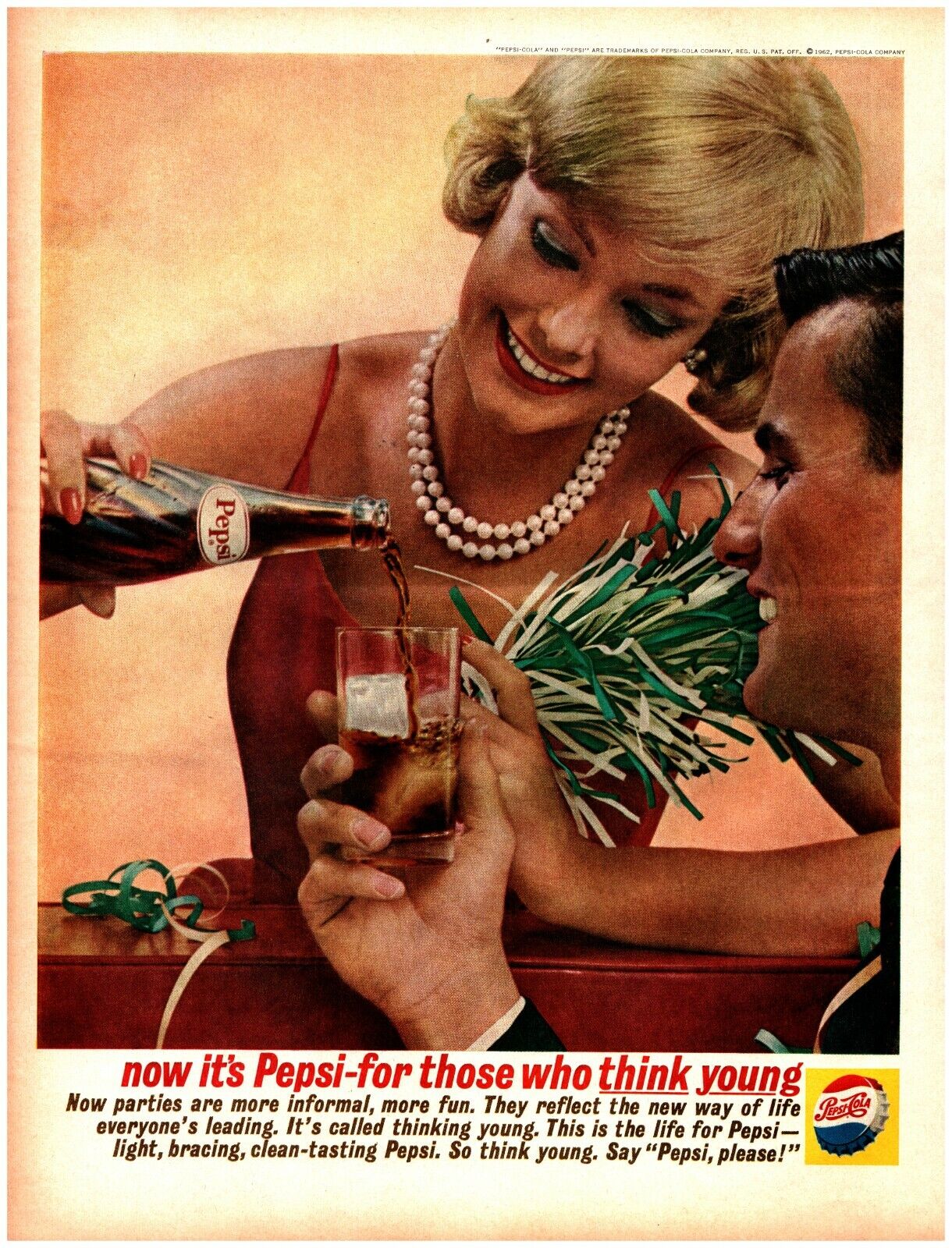 1962 Pepsi Cola Vintage Print Ad Think Young Festive Party Pearl Necklace Blonde