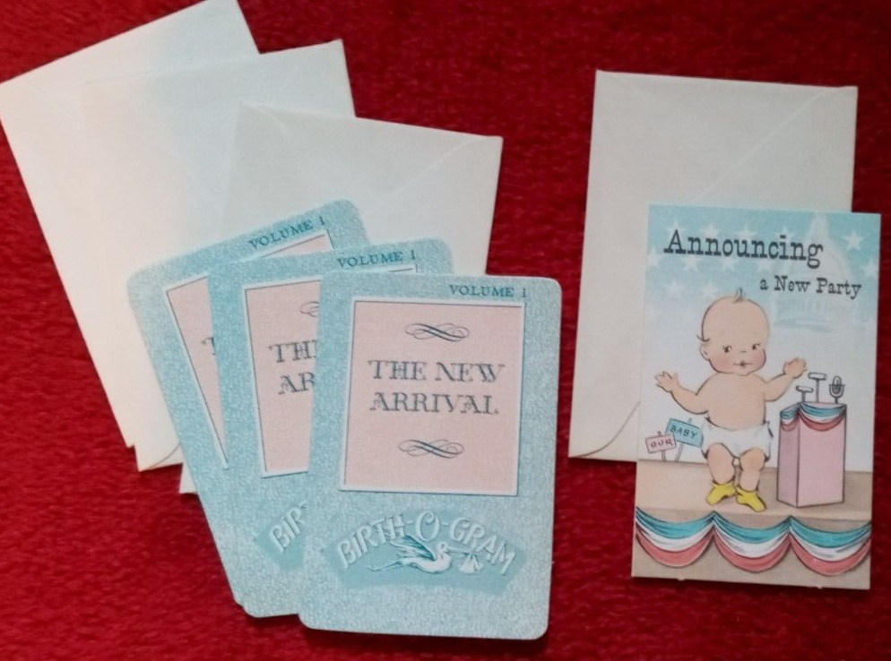 4 tiny vintage baby announcement Birth O Gram cards with envelopes (1960s)