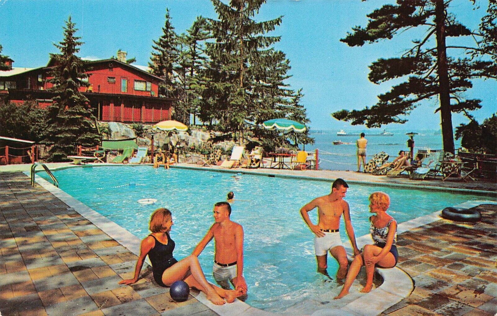 Alexandria Bay NY New York Pine Tree Point Resort Club Pool Vtg Postcard B39