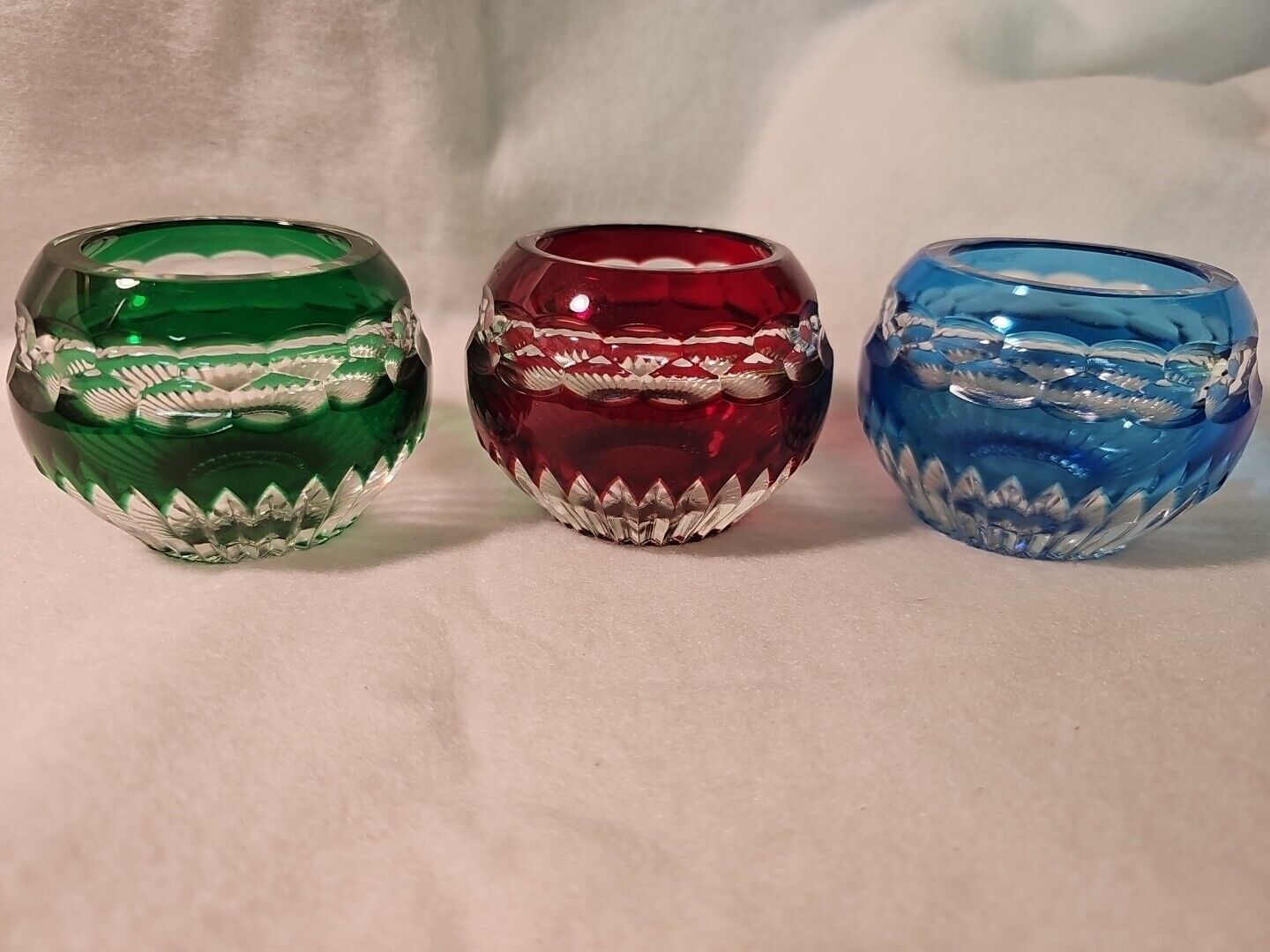 Lot of 3 Faberge' Nadya Crystal Votive Holders - Emerald/Sapphire/Ruby