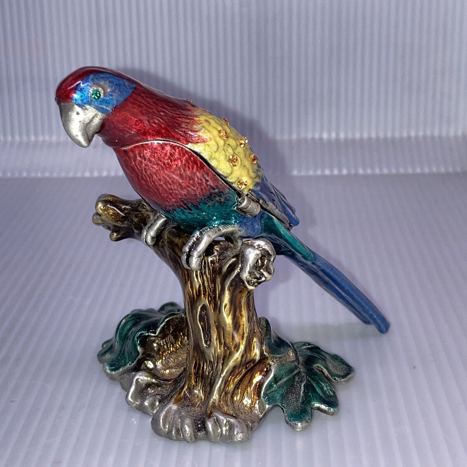 Bijorca Trinket Box Parrot Perched On Limb Enamel Bejeweled Nice Colorful Hinged