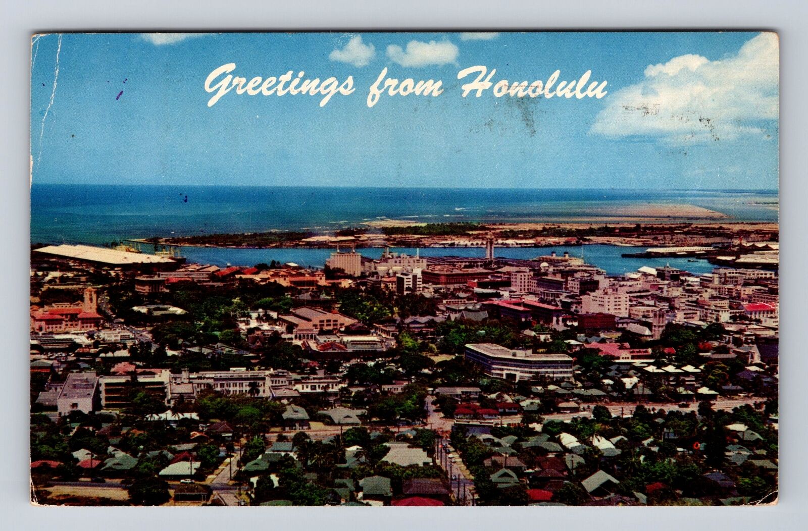 Honolulu HI-Hawaii, Aerial Honolulu, Harbor, Pacific Ocean, Vintage Postcard
