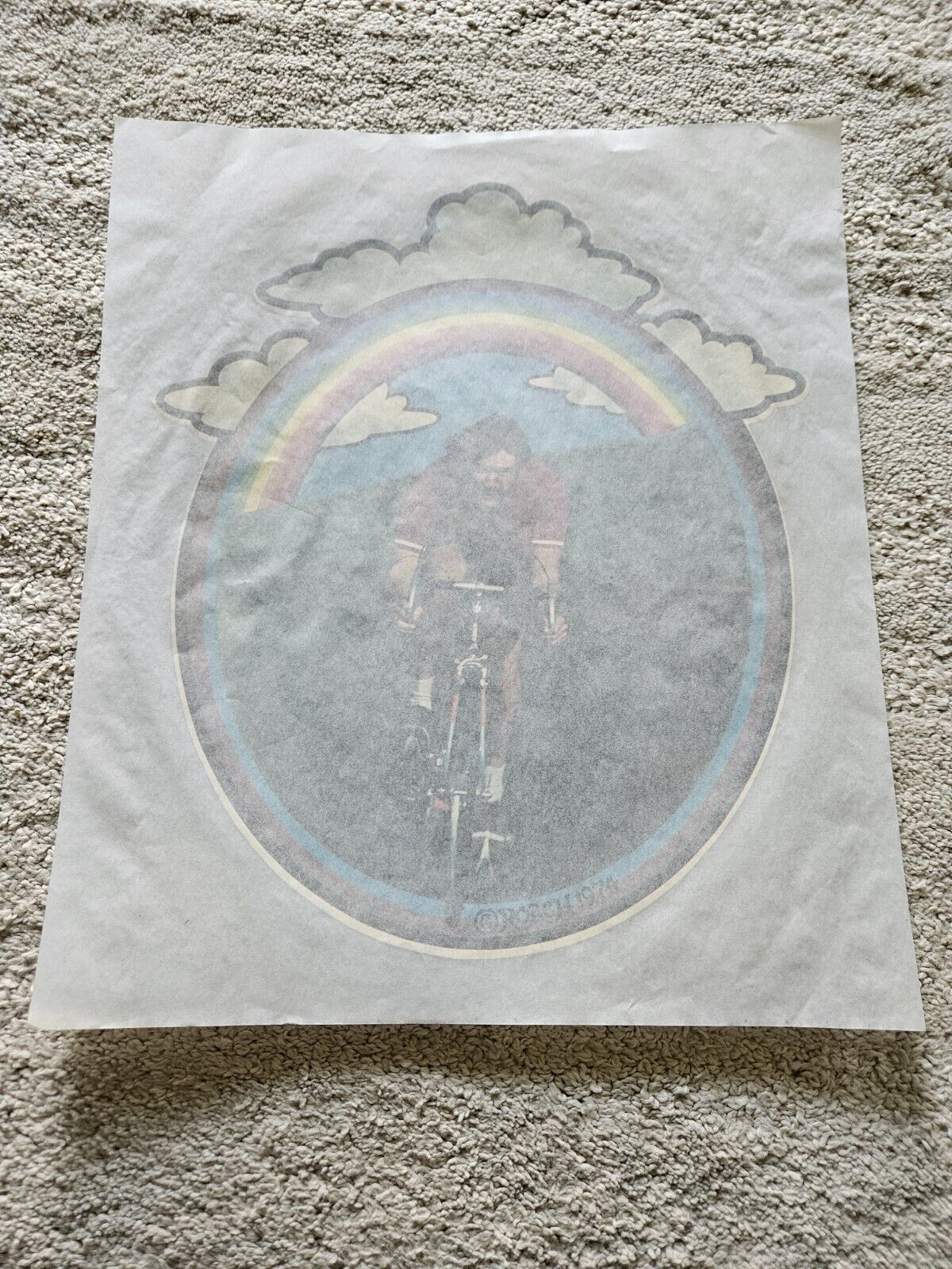 Man On Bicycle  1970 Clouds Rainbow Iron On T Shirt Patch