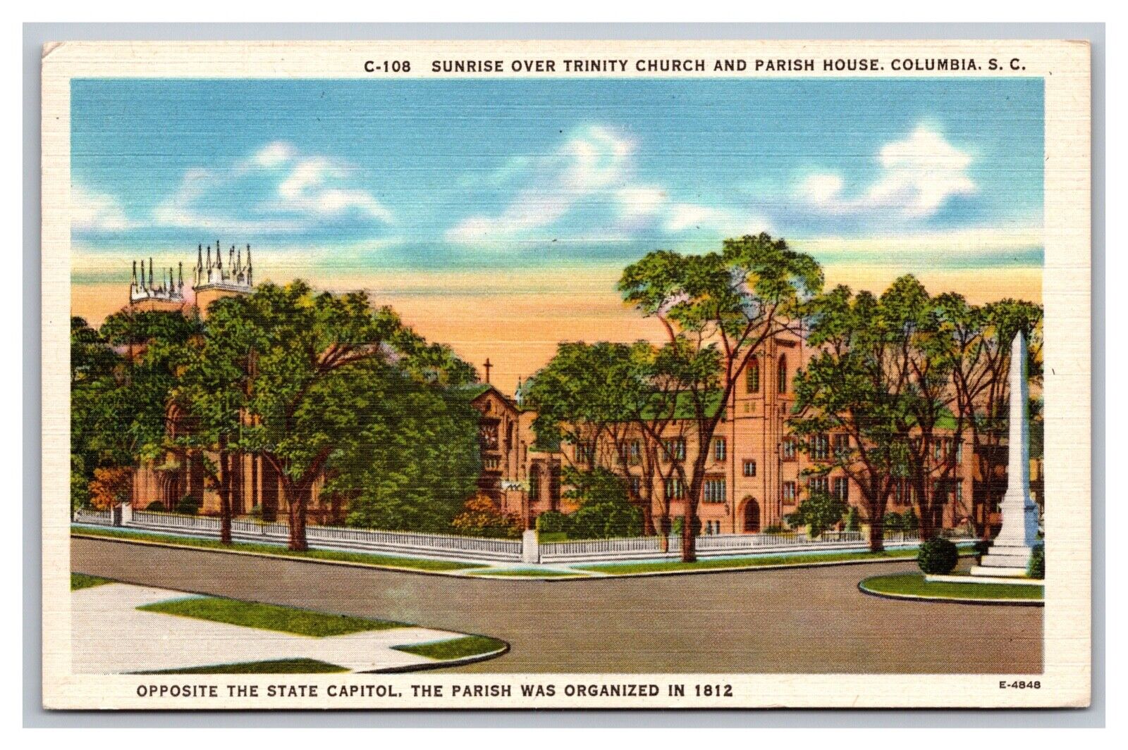 Columbia SC South Carolina Sunrise Trinity Church & Parish House Linen Postcard
