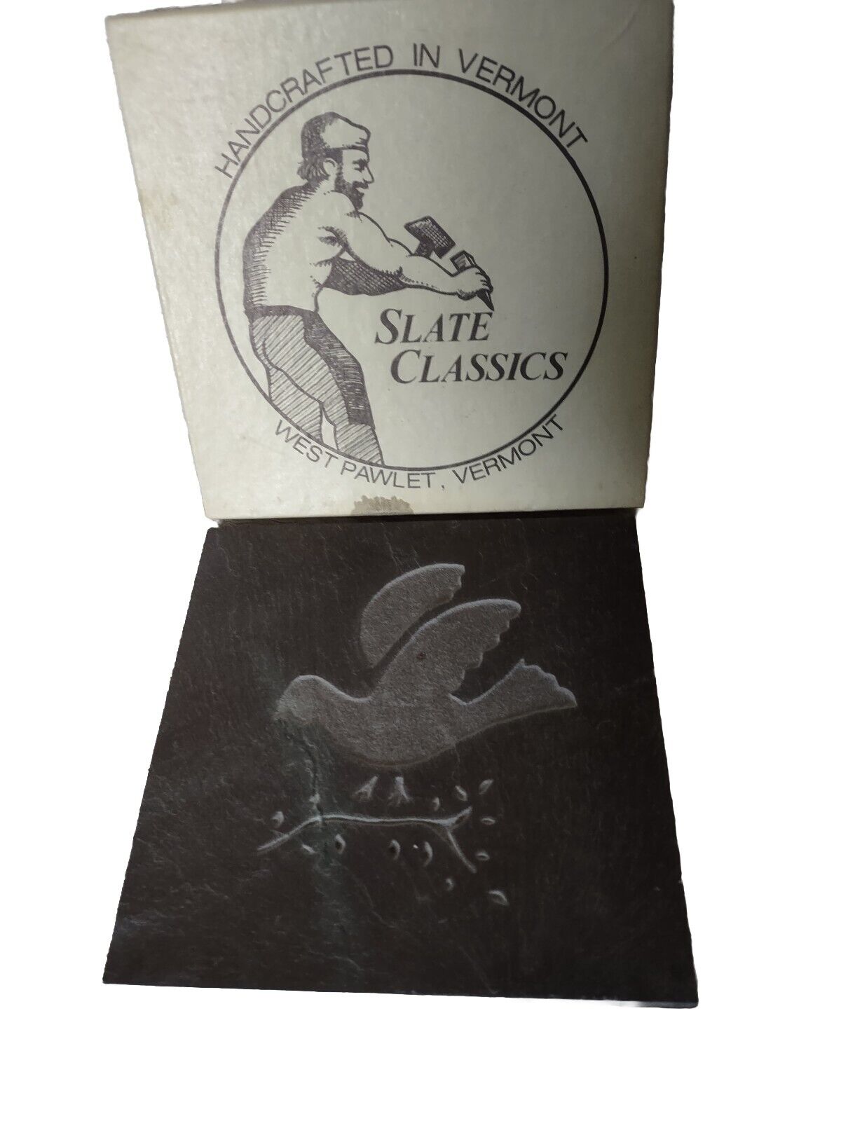 Etched Slate Tile Trivet, Hot Plate, Dove With Olive Branch, Made in Vermont