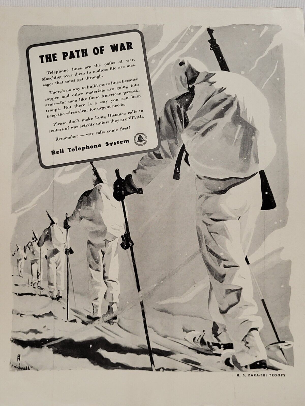 1942 Bell Telephone System Fortune WW2 Print Ad American Para-Ski Troops ARMY