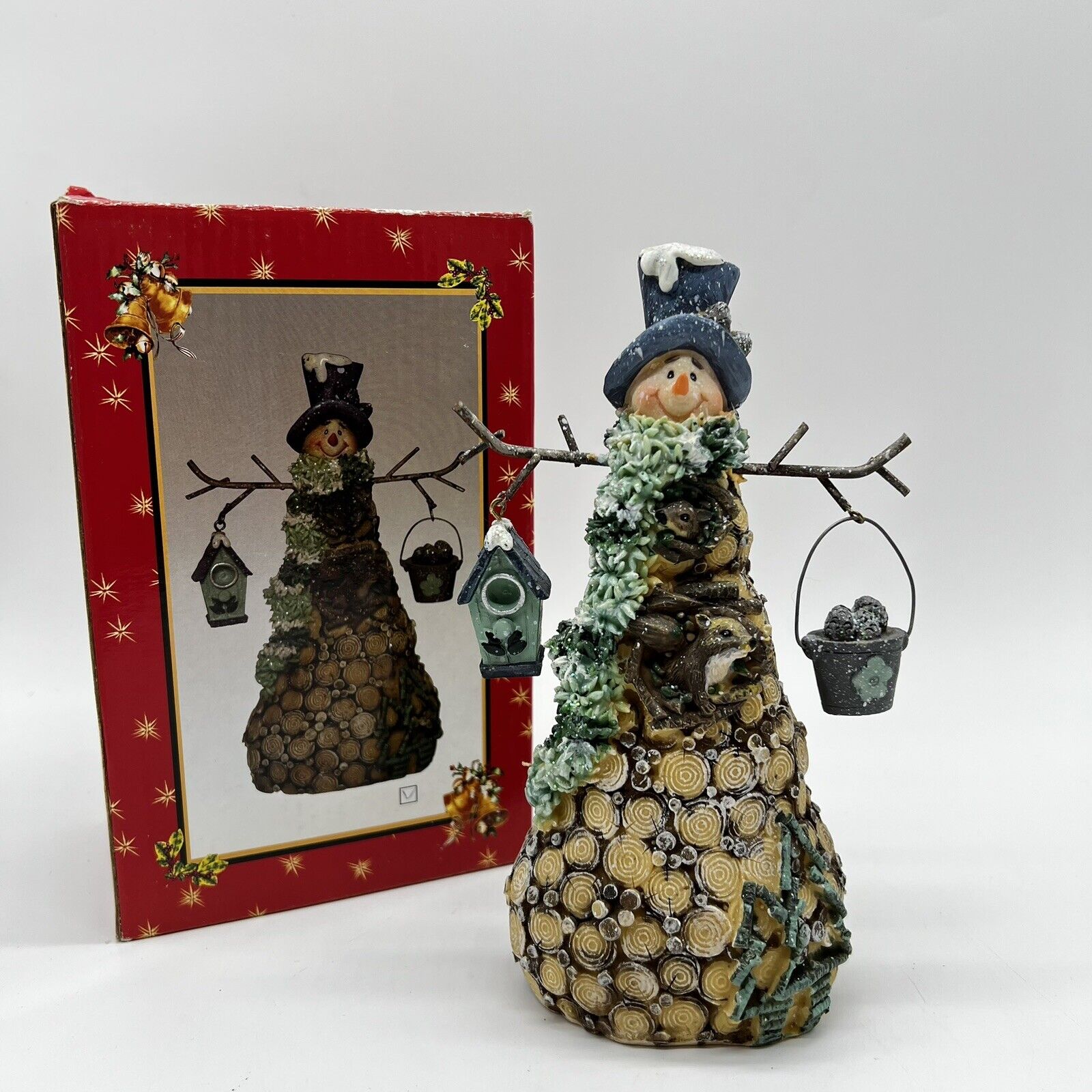 Ceramic Snowman Christmas Figurine Holiday Winter Home Decor Bucket Bird Cute