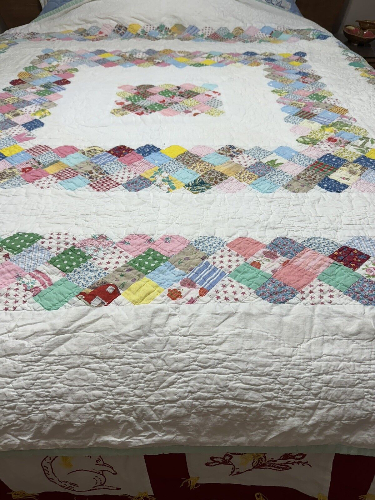 Vtg 1930’s Quilt Around the World W/2” Squares, 75 X 77 Feed Sack Fixable Cutter