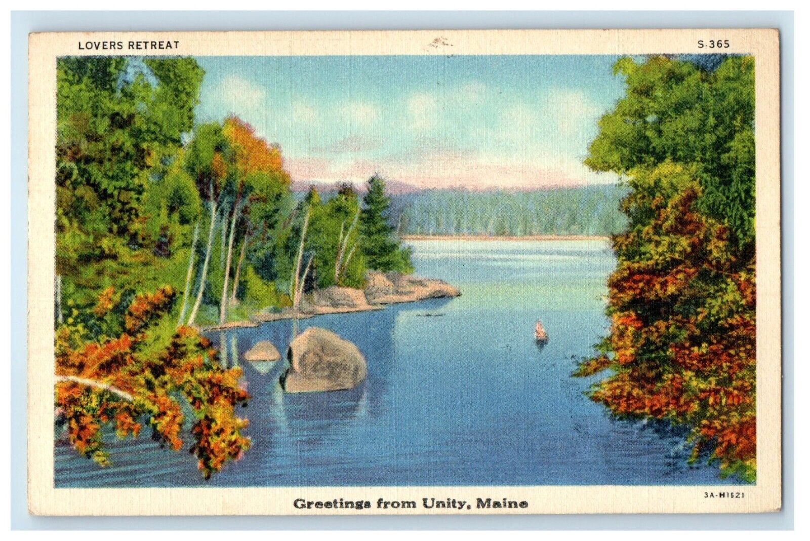 1940 Greetings From Unity Maine ME, Lovers Retreat Boat Sea View Postcard