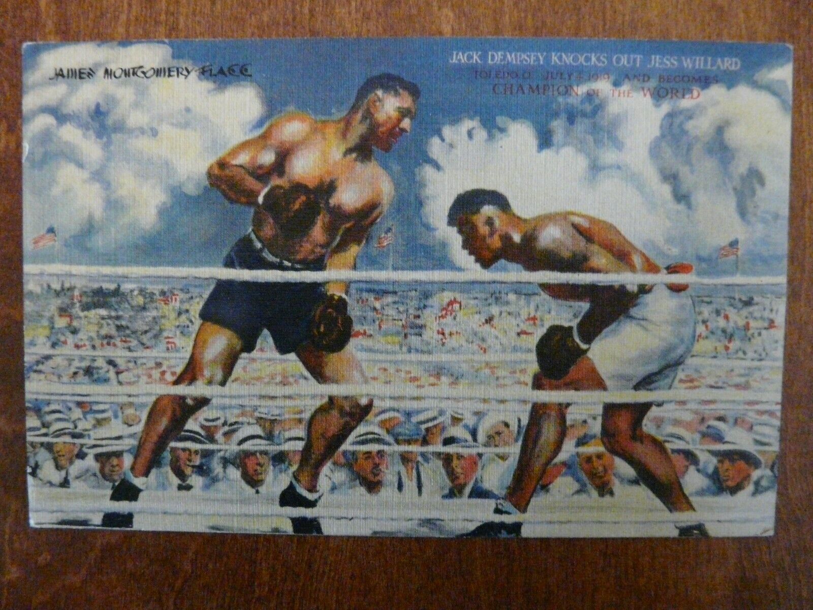 Jack Dempsey Knocks Out Willard Vintage Boxing Postcard