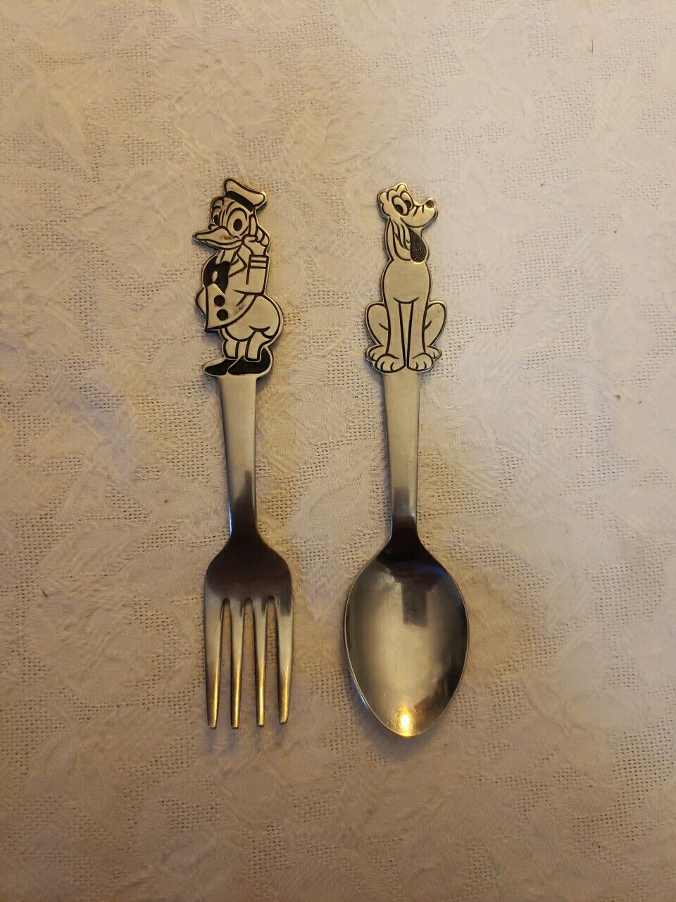 Vtg Pluto & Donald Duck Stainless Steel Kid Fork Spoon Walt Disney Bonny Japan
