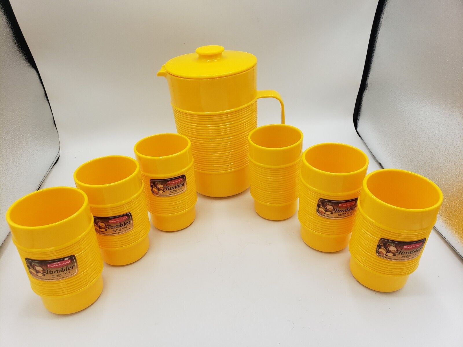 Vintage 1970s Rubbermaid Sunshine Yellow Ribbed Pitcher With Tumblers