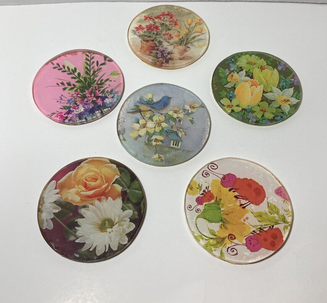 Vintage 1970s Handmade Resin Coasters Floral Print Bright Vibrant Flower Power