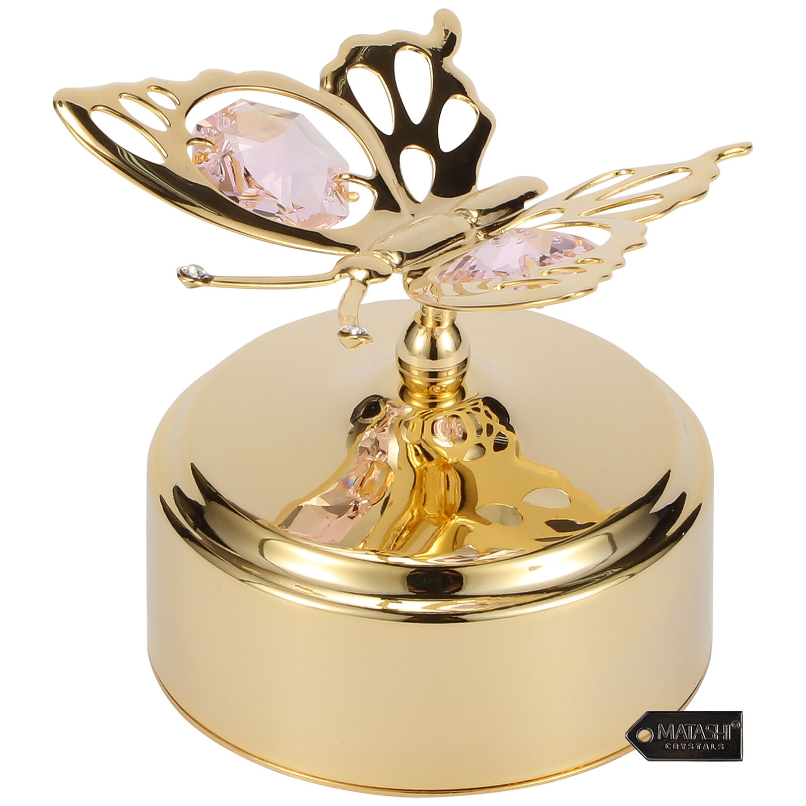 Matashi 24K Gold Plated Music Box Plays Memory  W/  Studded Butterfly Figurine