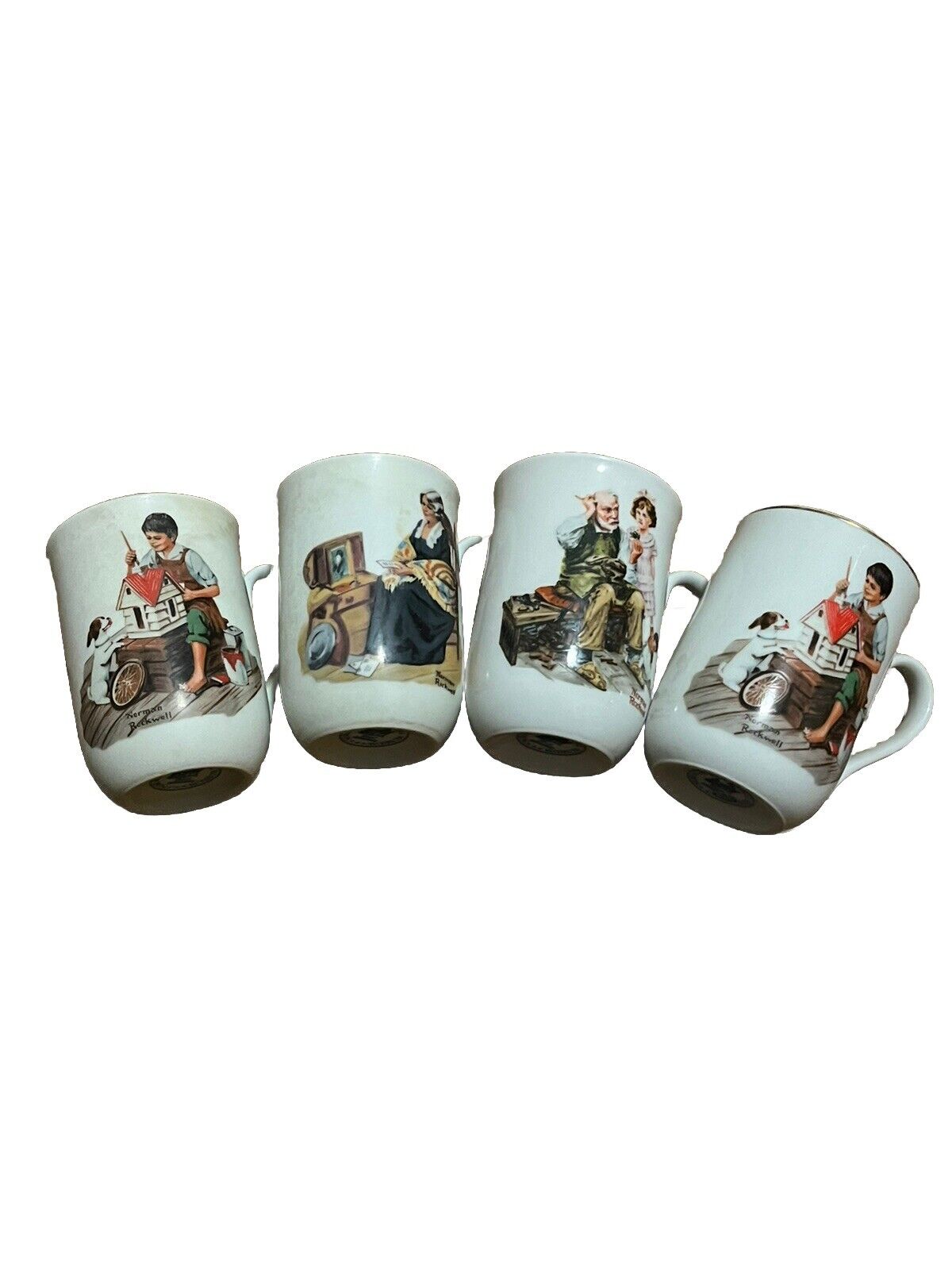 Vintage 1987 Norman Rockwell Mugs Set Of Four 4” STAINS