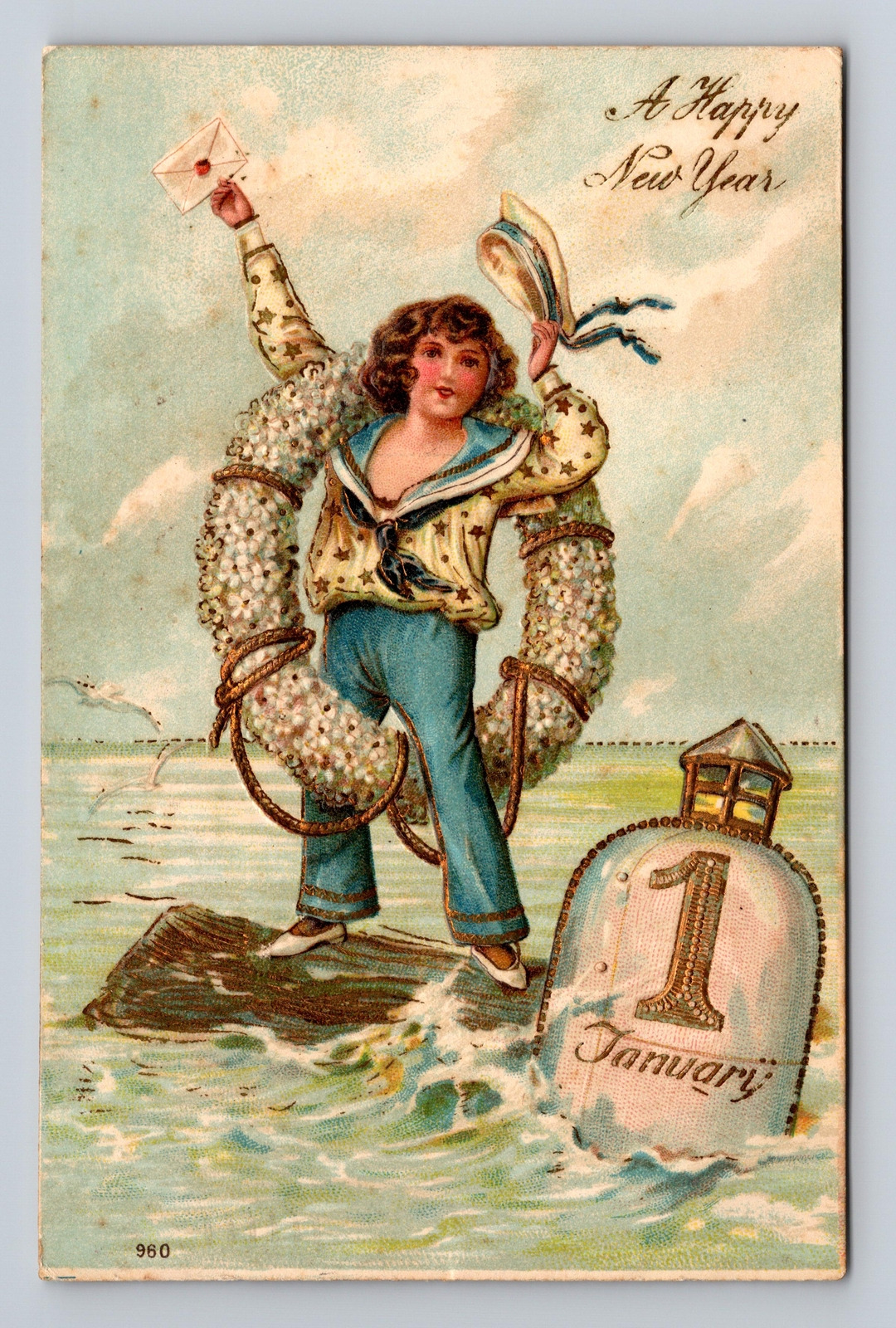 c1907 Postcard European Embossed New Year Postcard Female or Boy Sailor Buoy