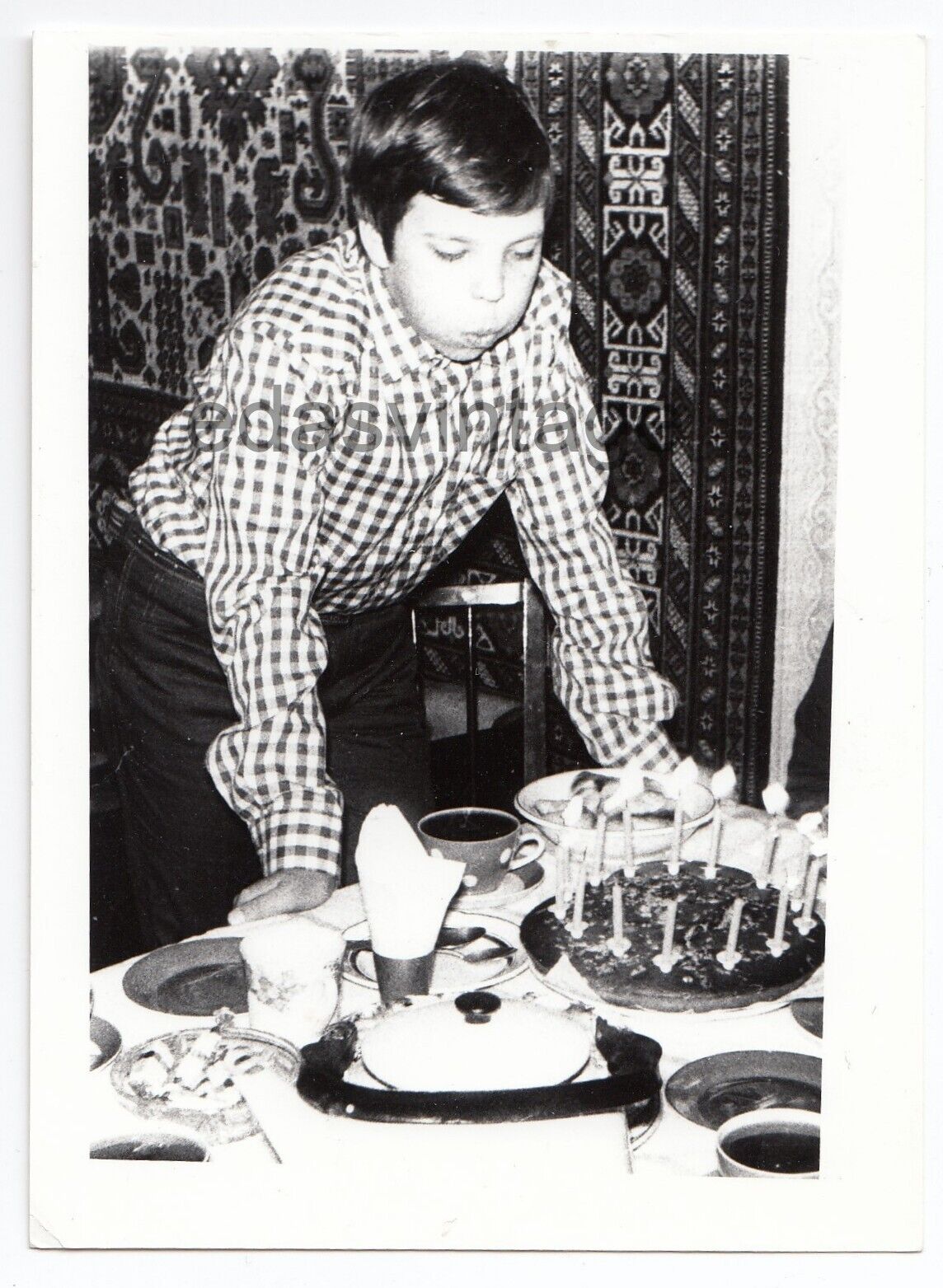Birthday cake Young boy teen blowing out the candles original vintage photo USSR