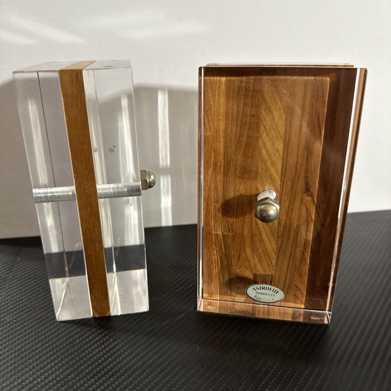 RARE 1960’s MCM Ritts Astrolite Lucite, Metal & Wood Desk Accessories Book Ends