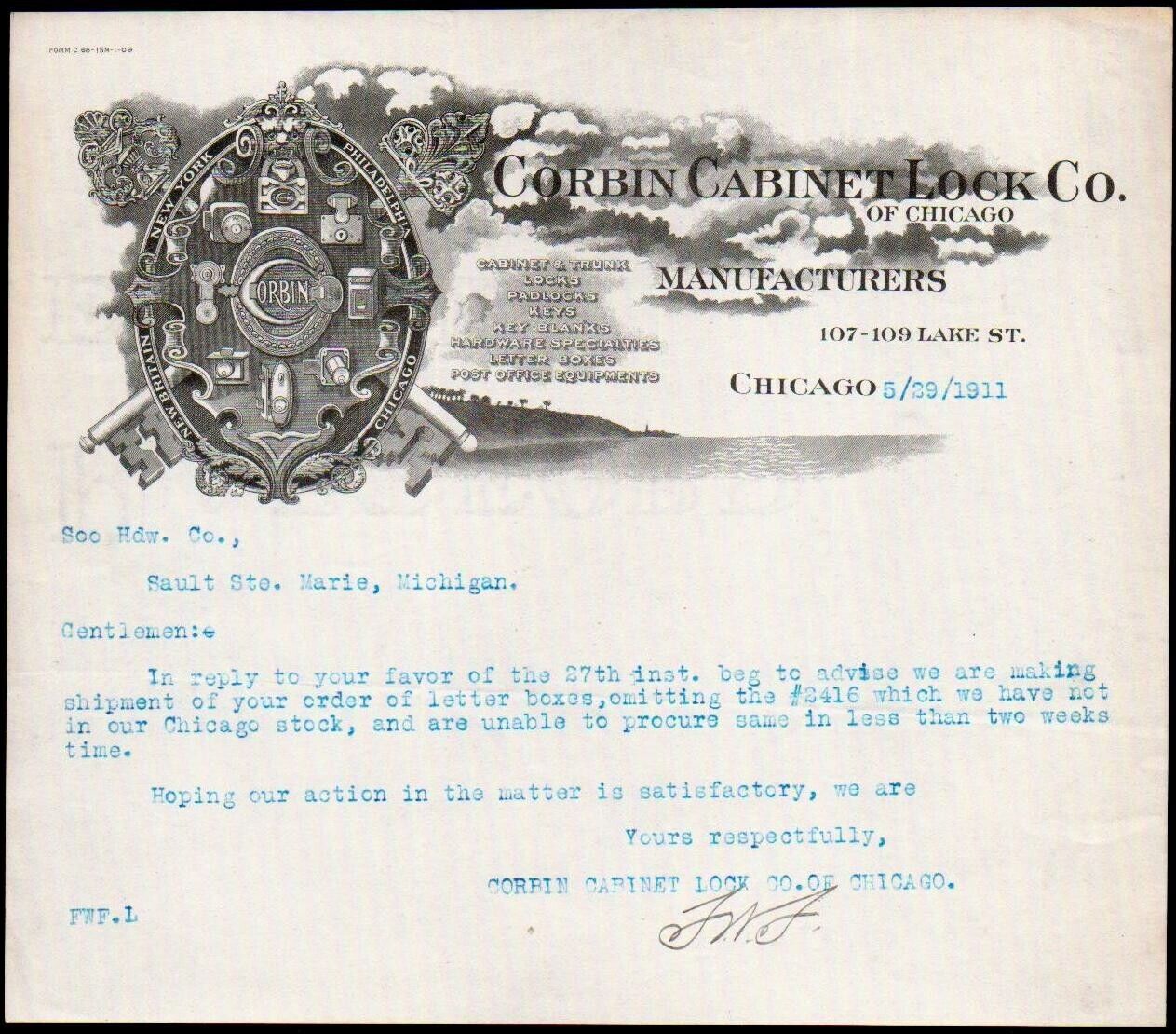 1911 Chicago - Corbin Cabinet Lock Co - Rare Letter Head Bill