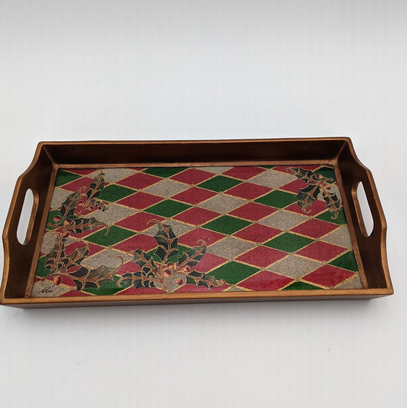 Robert M Weiss Peruvian Harlequin Holly Tray Vintage 6.5 X 12.5in. Christmas 