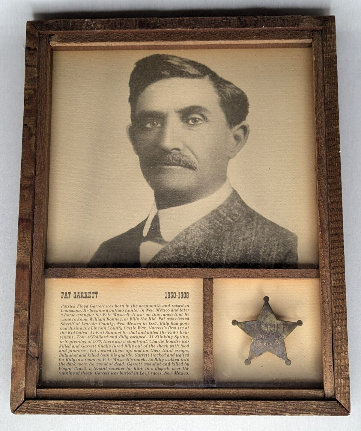 Vintage Pat Garrett Town Sheriff Lincoln County Metal Badge Framed in Shadowbox