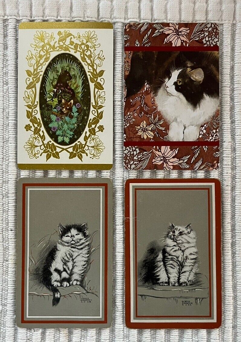 4 Vintage Playing Cards ~ Cats/Kittens ~ Cameo/Floral Quilt/Gladys Emerson Cook