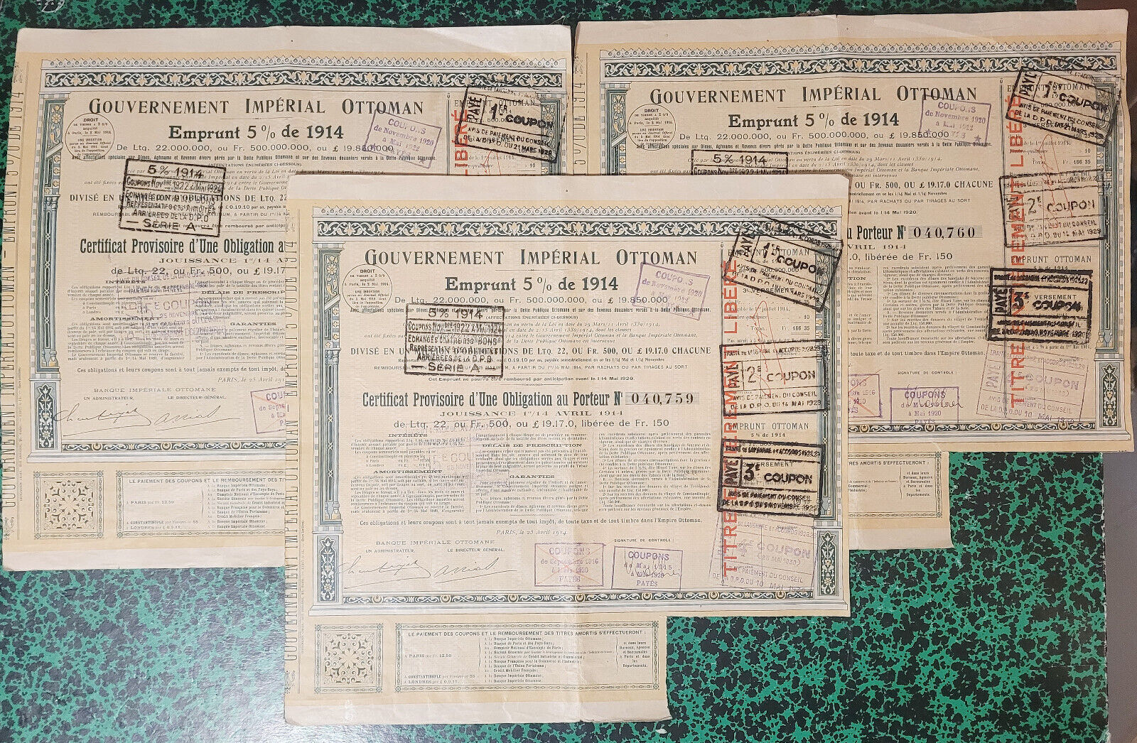 Ottoman Imperial Government Deco Lot of 3 Provisional Certificates 500 F - 1914