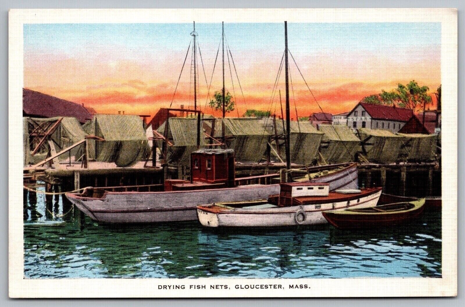 Drying Fish Nets Gloucester Massachusetts MA Ships Linen UP Postcards