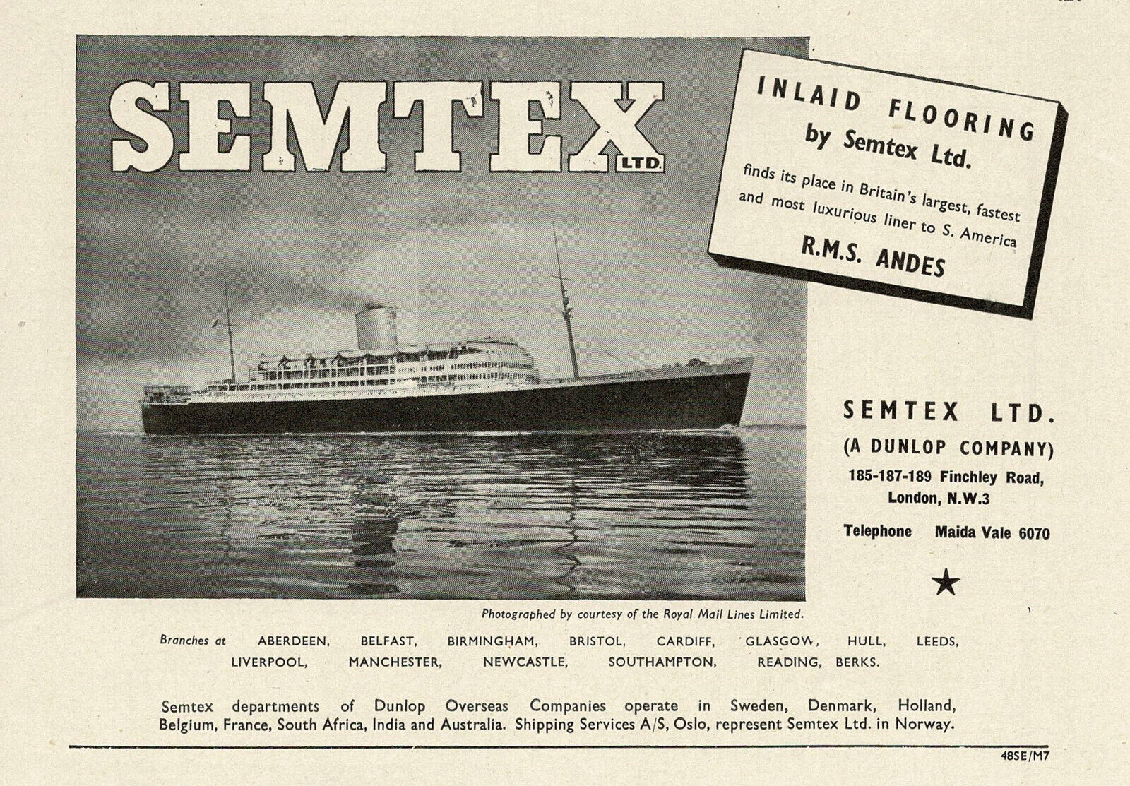 1940s Vintage RMS Andes Royal Mail Cruise Line Ship Semtex Photo Print Ad