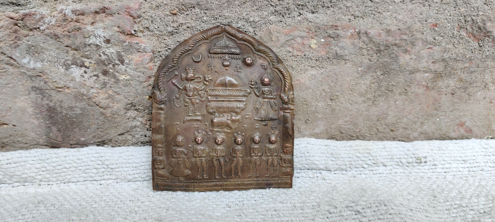 Vintage Multiple Hindu God & Goddess Religious Copper Worship Plaque Yantra M643
