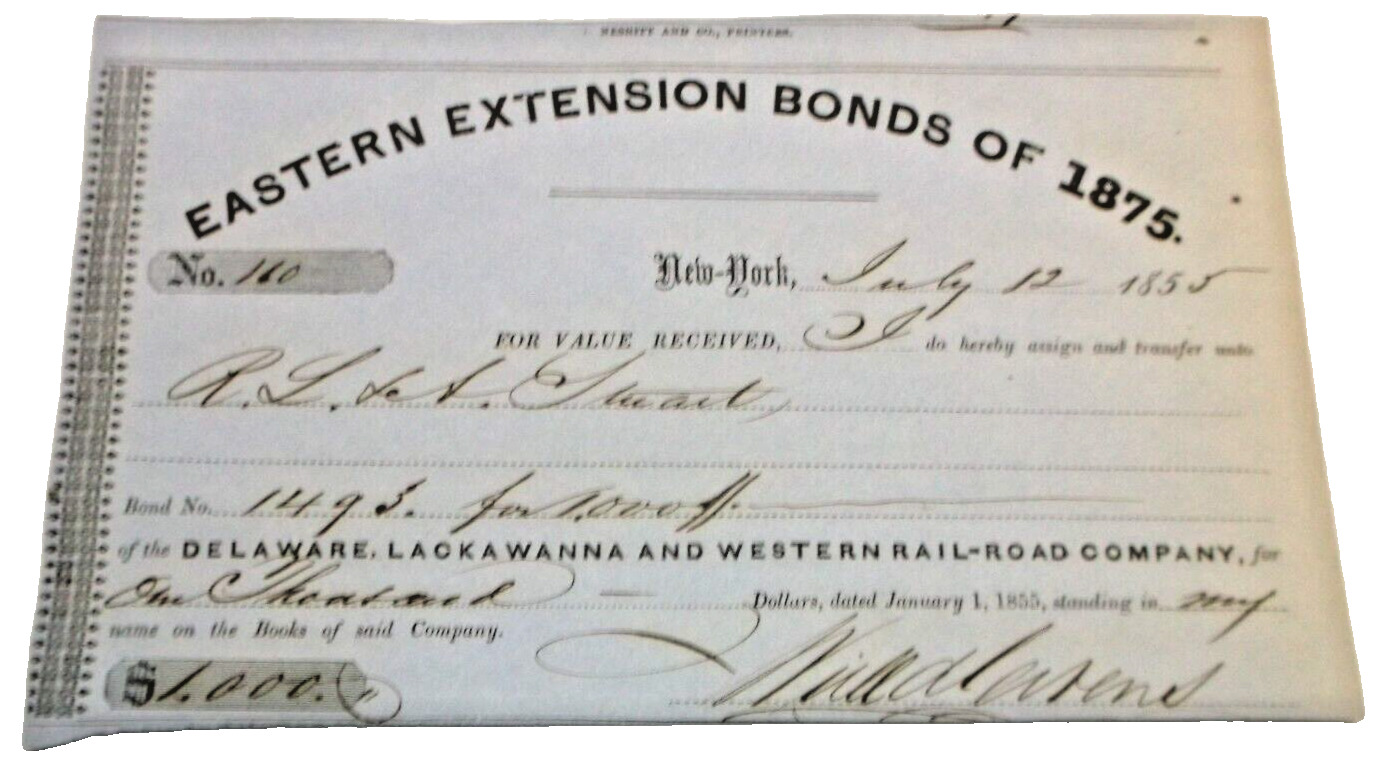 JULY 1855 DELAWARE LACKAWANNA & WESTERN DL&W EASTERN EXTENSION BOND RECEIPT