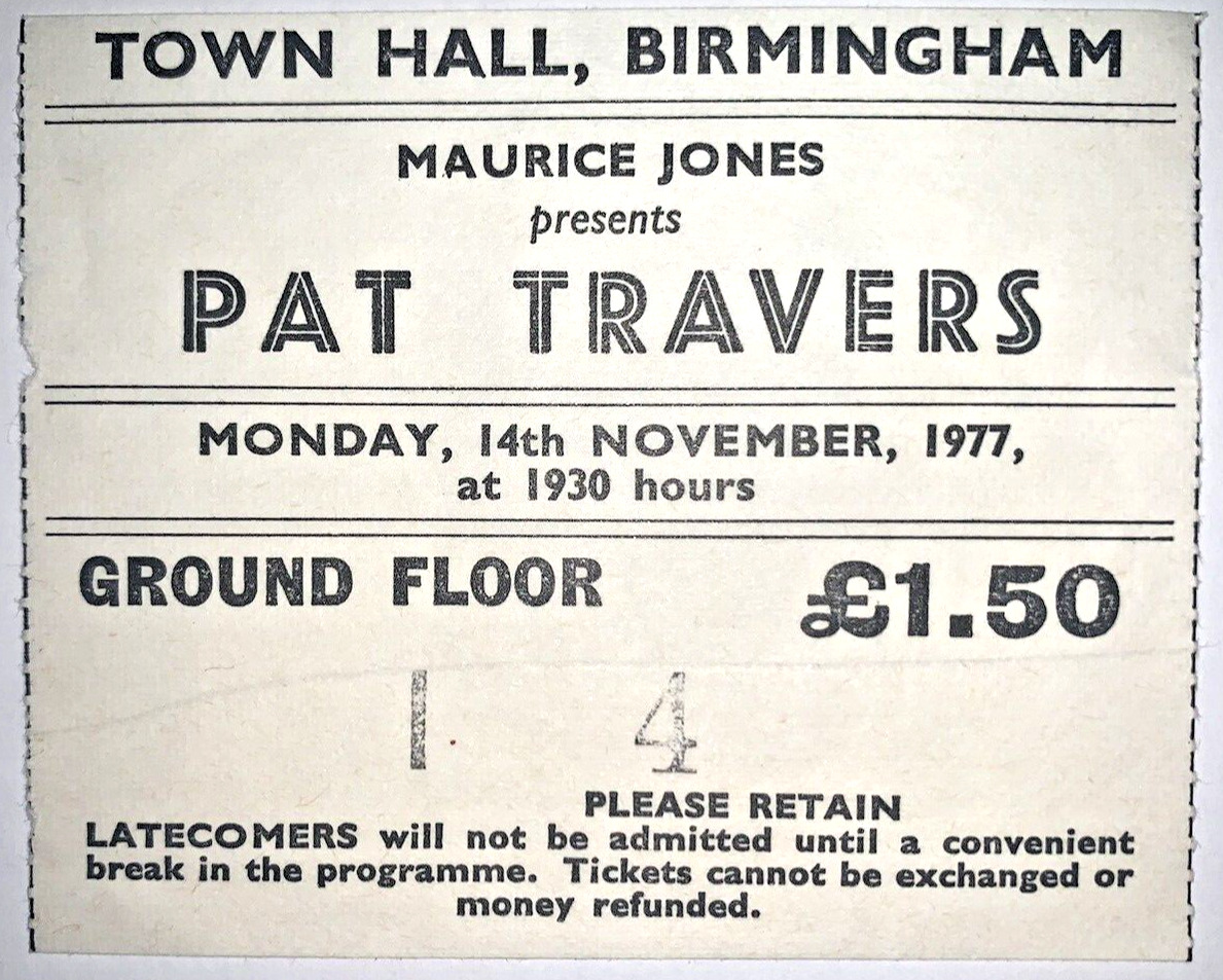 Pat Travers Ticket Vintage Putting It Straight Tour Birmingham 1977