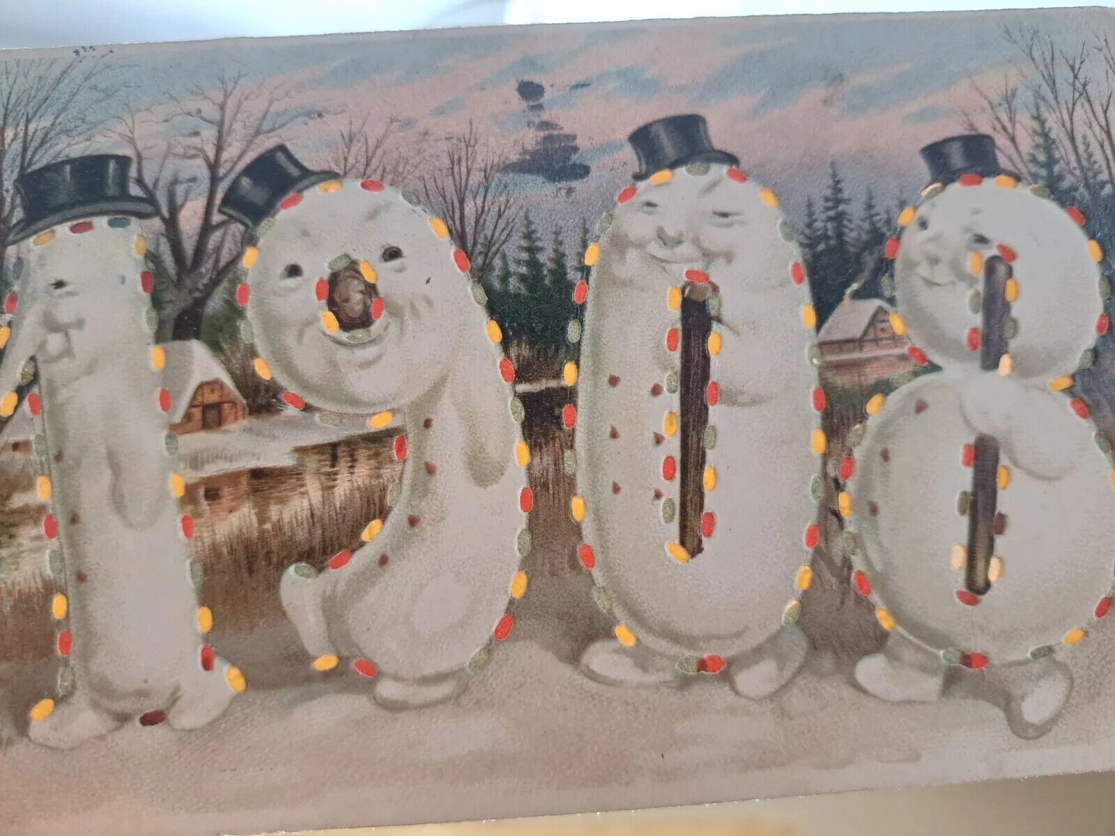 Antique Hold-to-Light Anthropomorphic Snowmen 1908 Postcard Franklin 1 Cent Stam