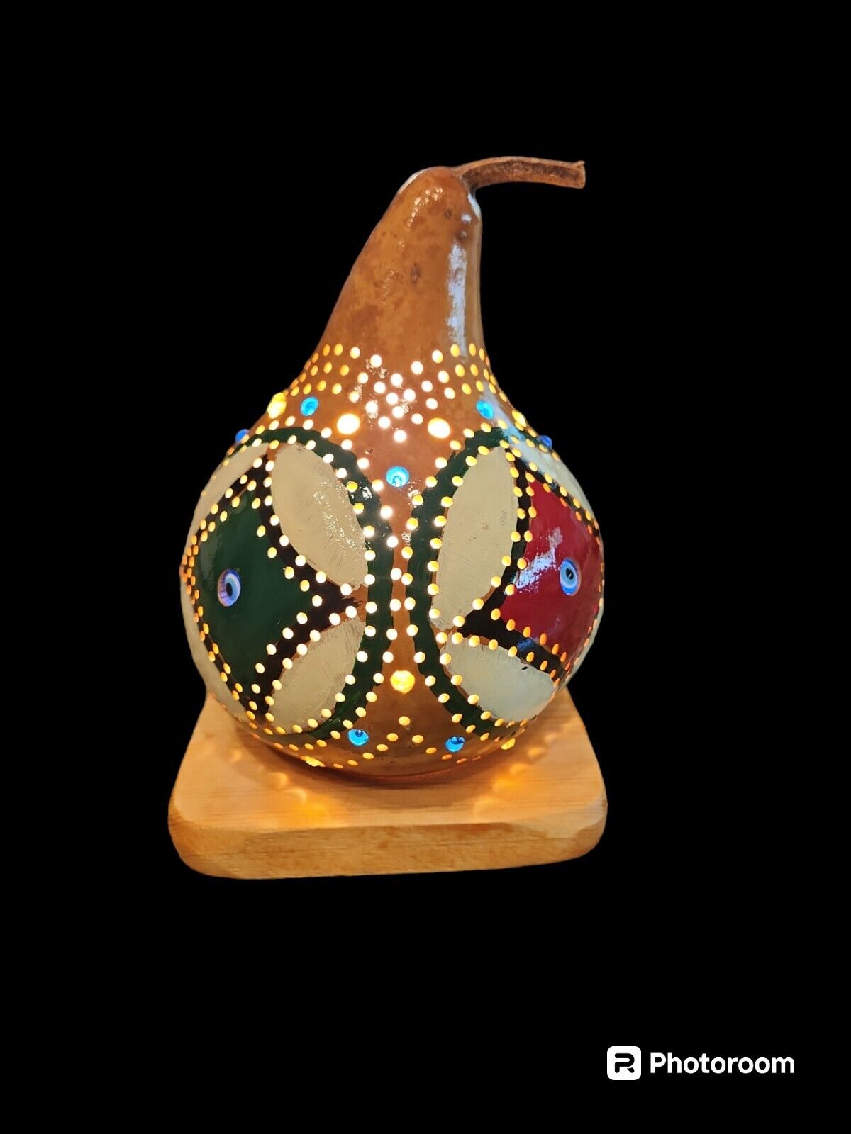 Vintage Boho Calabash Table Lamp Gourd Hand Painted With Evil Eye And Beads.