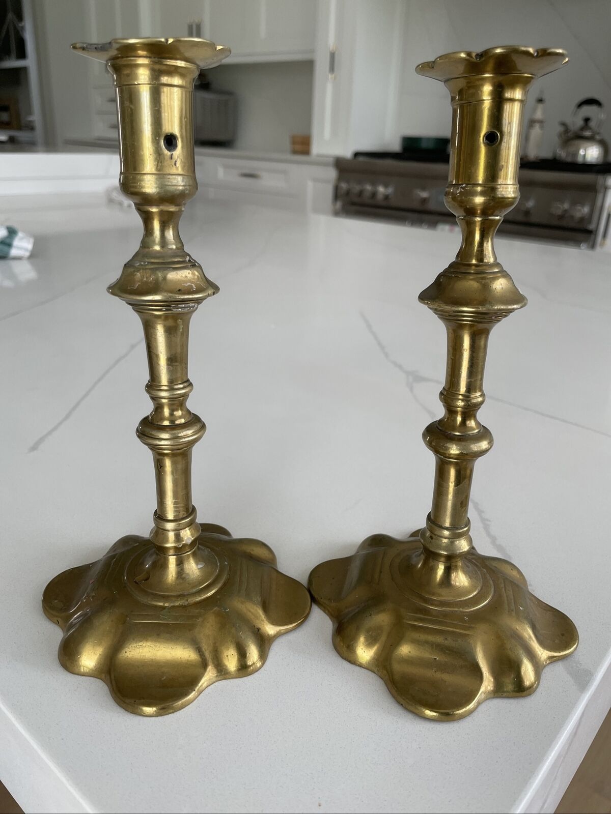 Antique 18th Century George II (?) English Brass Petal Base / Top Candle Holders