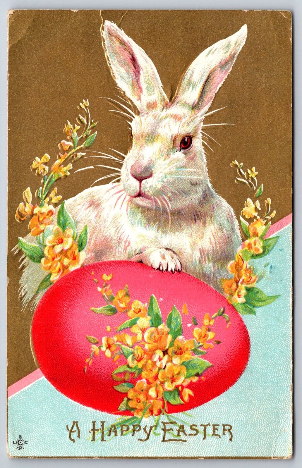 Stecher~Happy Easter~Rabbit W/ Flowers & Egg On Gold Background~Emb~Vintage PC