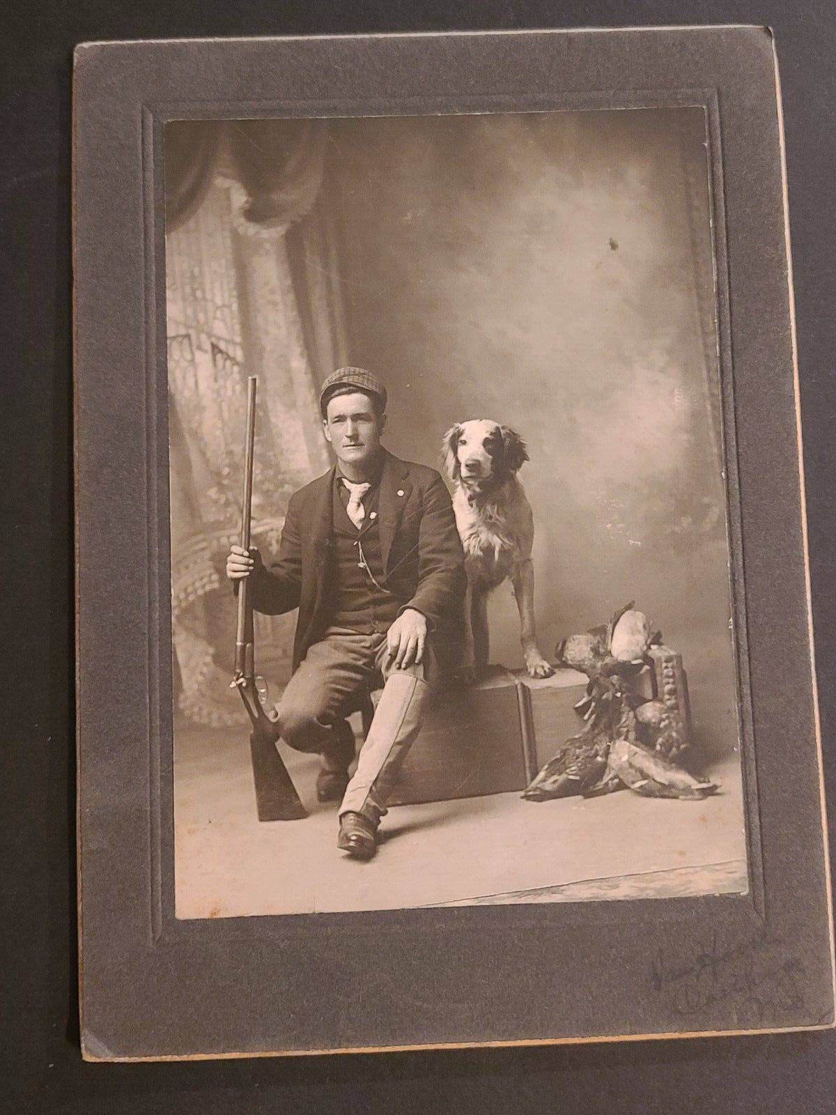Antique Cabinet Card Photo of Man w/Hunting Dog Gun & Fresh Killed Ducks 4 X 5.5