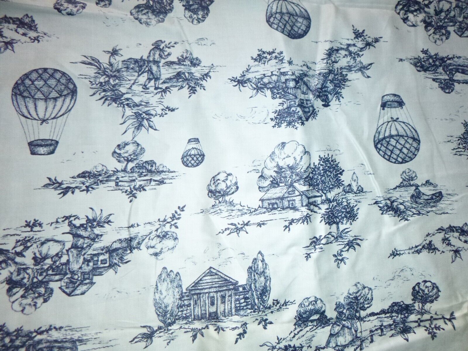 Vtg  BLue White Cotton Toile Fabric Old Time Hot Air Balloons Scenic 45\