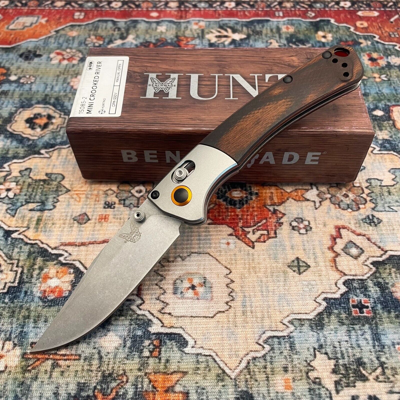 Benchmade Mini Crooked River Gray Aluminum Wood Clip-point Pocket knife 15085-2