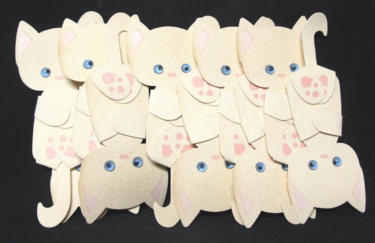 Ten (10) Vintage Gallery Die Cut Fuzzy Cat Gift Topper Package Decoration USA