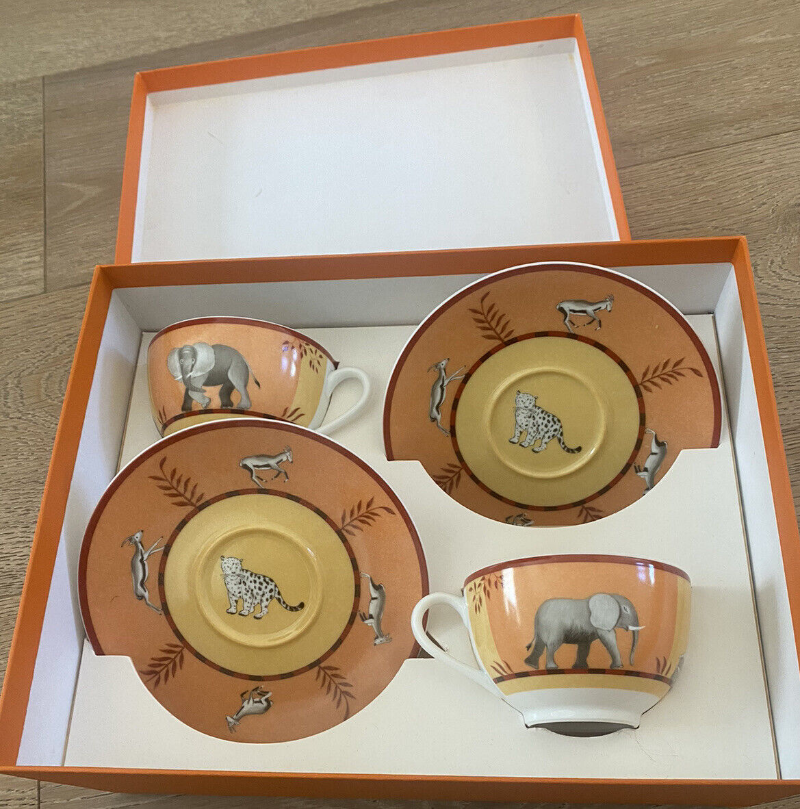 Hermes Africa Porcelain Set Of 2 Teacups With Saucers