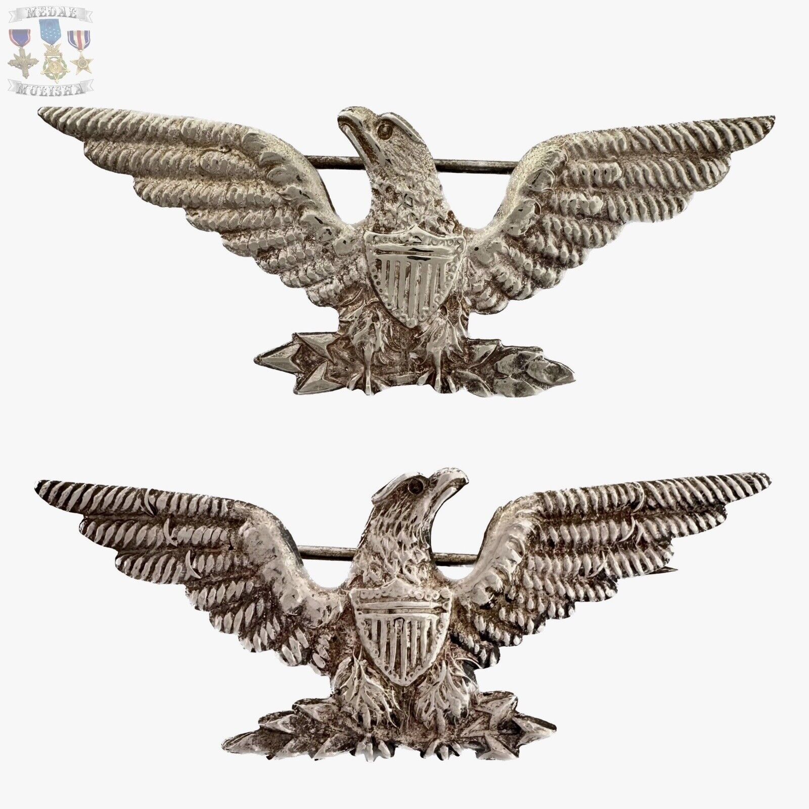 WWI LARGE US ARMY USMC COLONEL EAGLES 🦅 INSIGNIA 2” SILVER BULLION PATTERN WW1