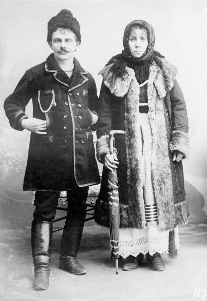 Romanian married couple wearing the traditional winter costumes 1910 OLD PHOTO
