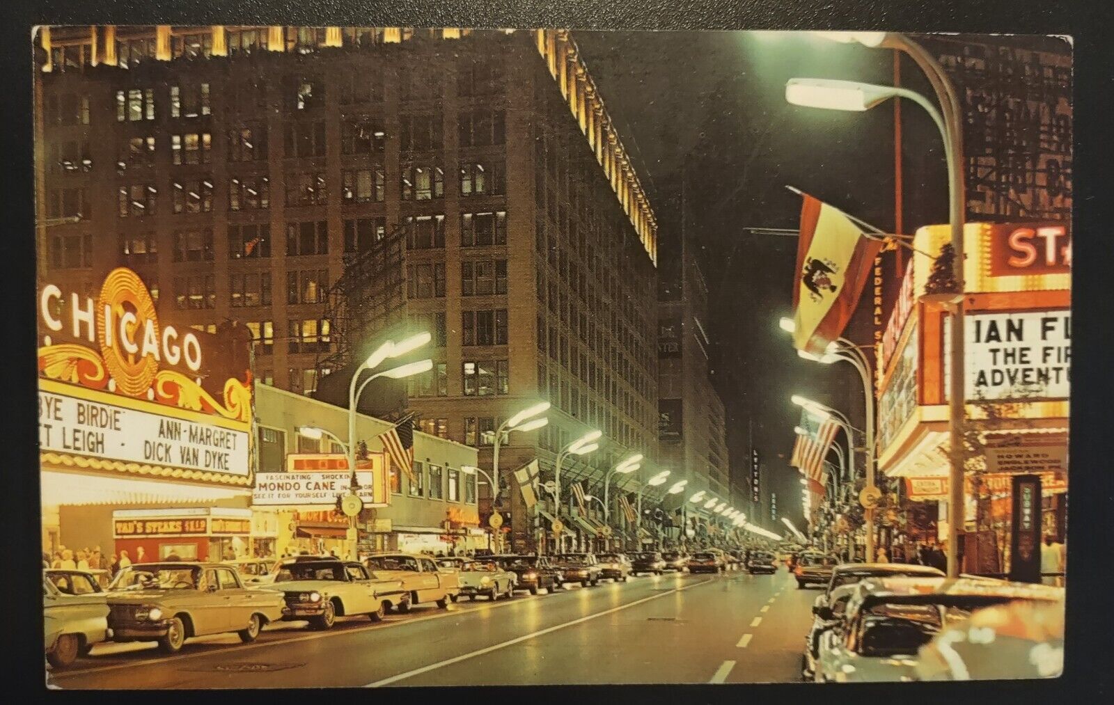 Postcard Chicago Illinois State Street At Night 1964 Theater Old Cars Street Lig