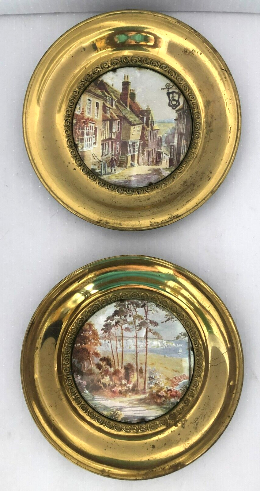 English Brass Plates Village Ocean Made in England  Brass Foil 1930's Vintage