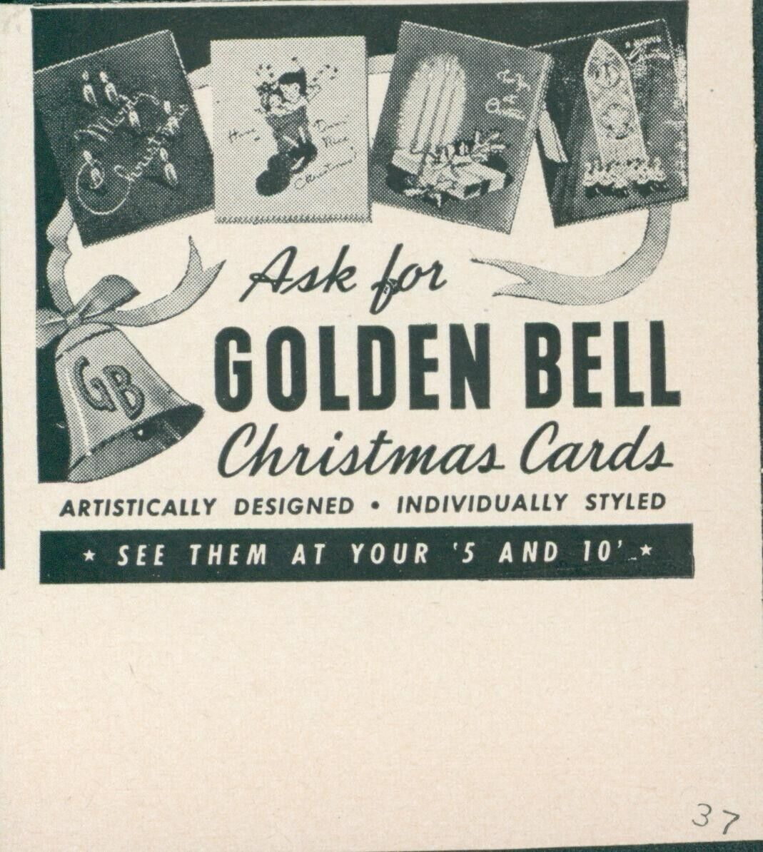 1941 Golden Bell Christmas Cards Artistically Designed At 5 & 10 Ad L39