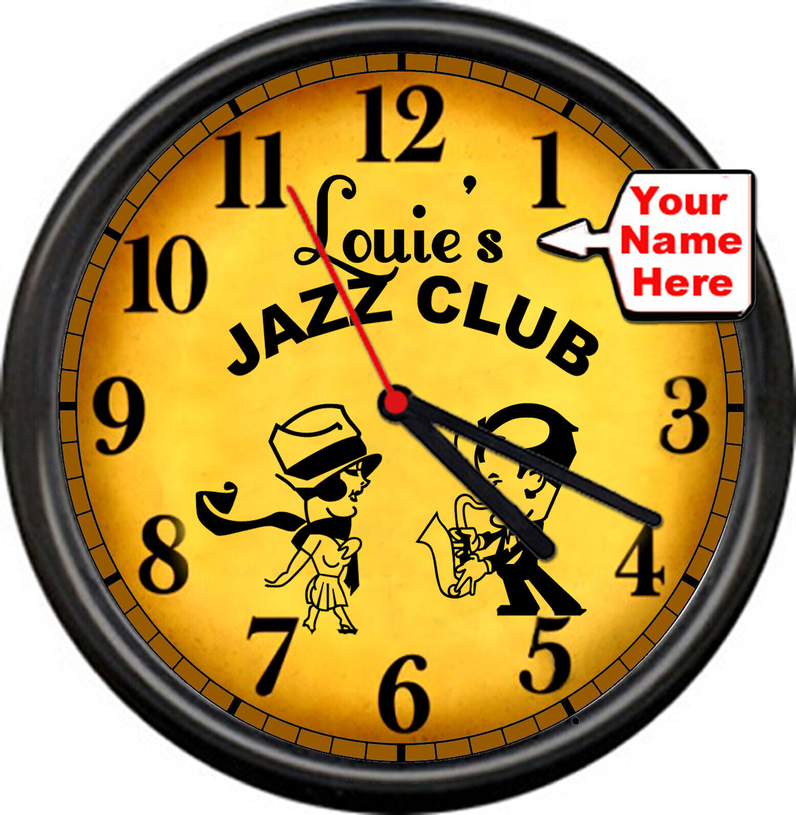 Jazz Musician Your Name Saxophone Piano Bar Music Room Retro Sign Wall Clock 