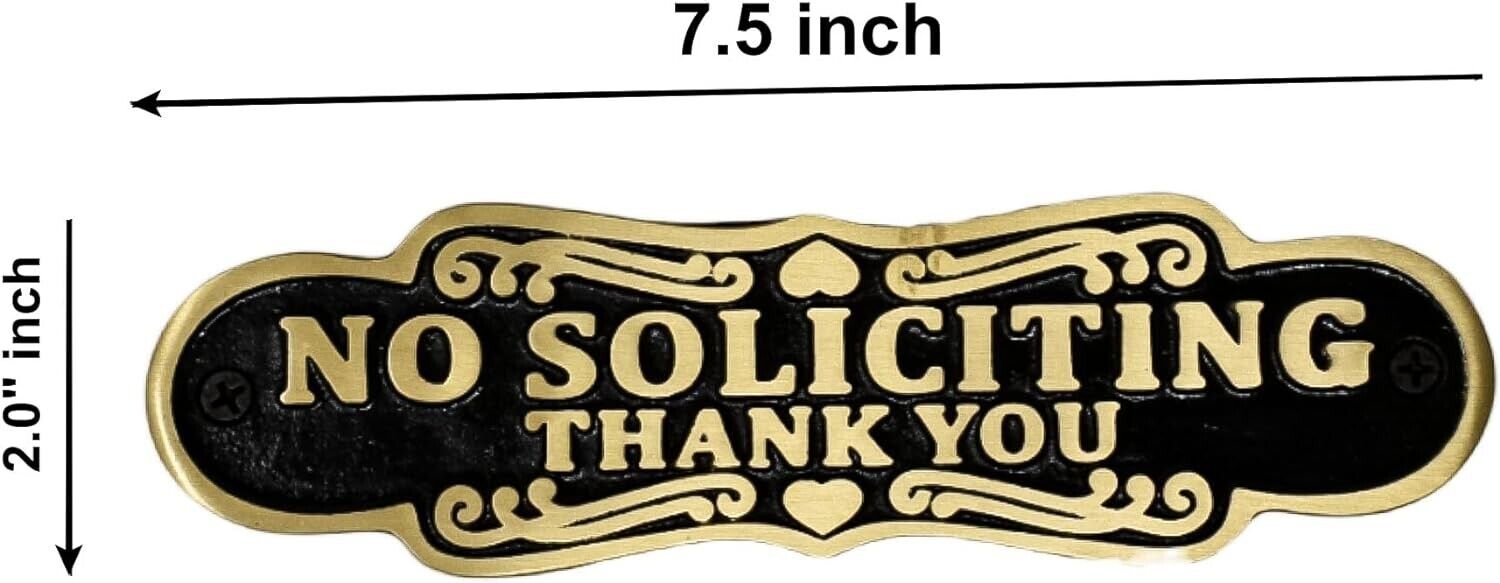 No Soliciting Brass Door Sign, Brass No Soliciting Thank You Sign, Solid Brass